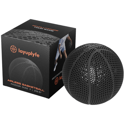 3D printed airless basketball, LayupLyfe Size 7 basketball with innovative design and packaging for indoor play.
