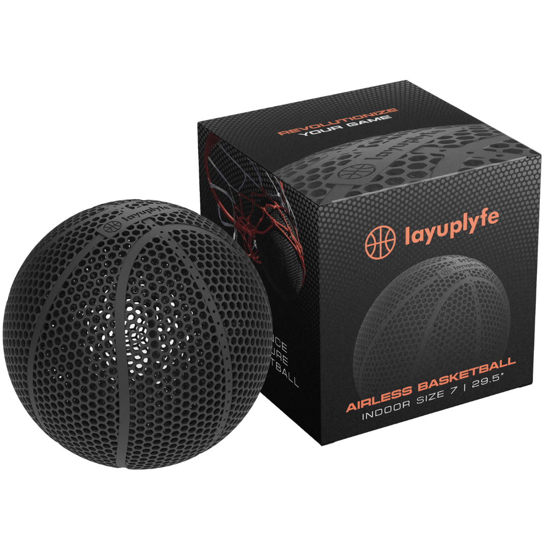 3D printed airless basketball LAYUPLYFE Size 7 with a box for indoor play, showcasing its durable design.