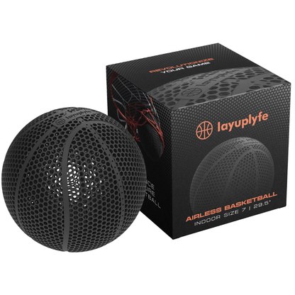 3D printed airless basketball LAYUPLYFE Size 7 with a box for indoor play, showcasing its durable design.