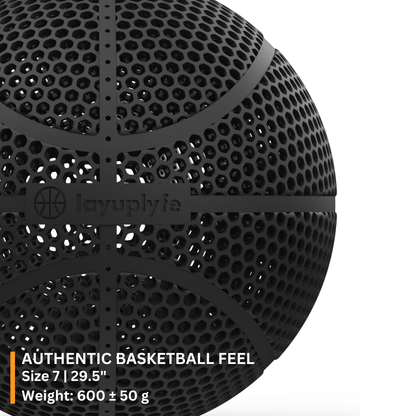 3D printed airless basketball by LayupLyfe, size 7, designed for durability and indoor play.
