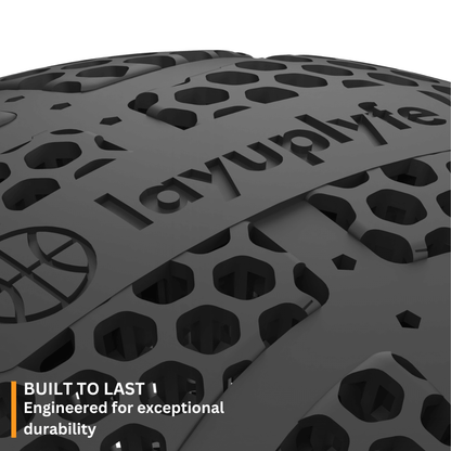 Close-up of the 3D printed airless basketball by LayupLyfe, showcasing its durable design and unique structure.